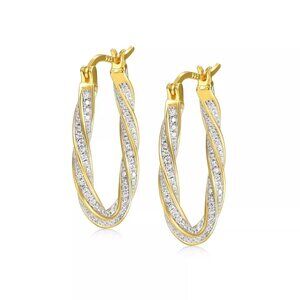14k Vermeil Gold Plated 925 Sterling Oblong Twist Hoop Earrings With Cubic Zirco